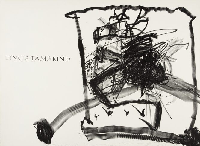 A black and white print of a cluster of scribbles within an outline of square. Text on the left reads TING & TAMARIND