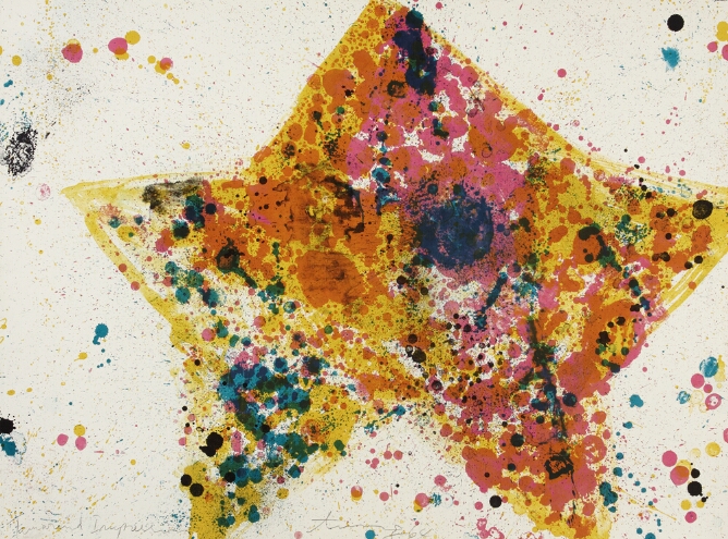 An abstract print of a yellow star filled with splatters of pink, blue and orange