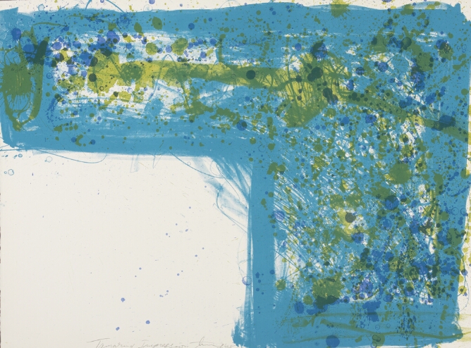 An abstract print of a broad light blue corner shape extending across the top and right side, filled with darker blue and light green drips and splatters