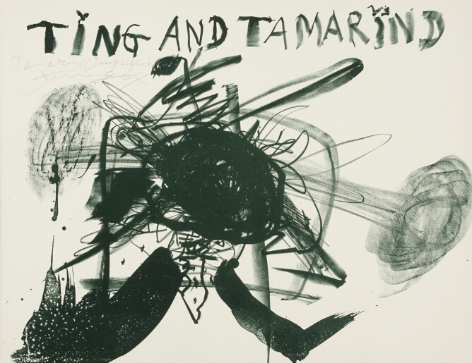 An abstract print of black handwritten text that reads TING AND TAMARIND. Below, a cluster of black scribbles above two bold brushstrokes