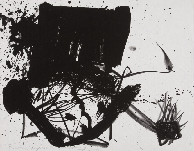 An expressive abstract print of black drips, splatters and concentrated broad strokes that form a square