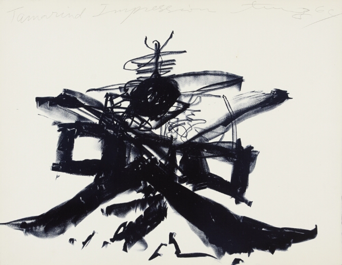 An expressive abstract print of scribbles above an X mark with two small square outlines on each side of the X's center, all in black