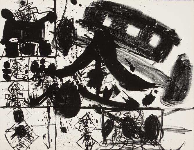 An expressive abstract print of thick and intricate thin lines, squares, circles, drips and splatters in black