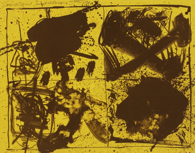 An abstract print of a square divided into four sections that each contain broad black expressive marks and splatters, against a yellow background