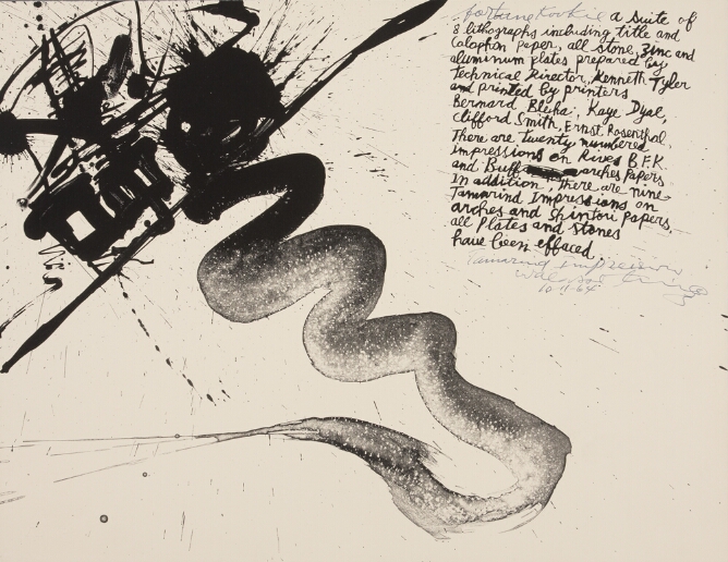 An abstract print of expressive black marks, drips and splatters in the top left corner with a thick line winding downward. In the top right corner, handwritten text describing the technical information for Fortune Kookie, a suite of 8 lithographs