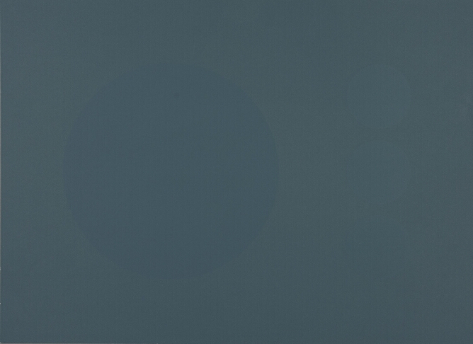An abstract print of a very faint darker teal or greenish-blue circle against a dark teal background
