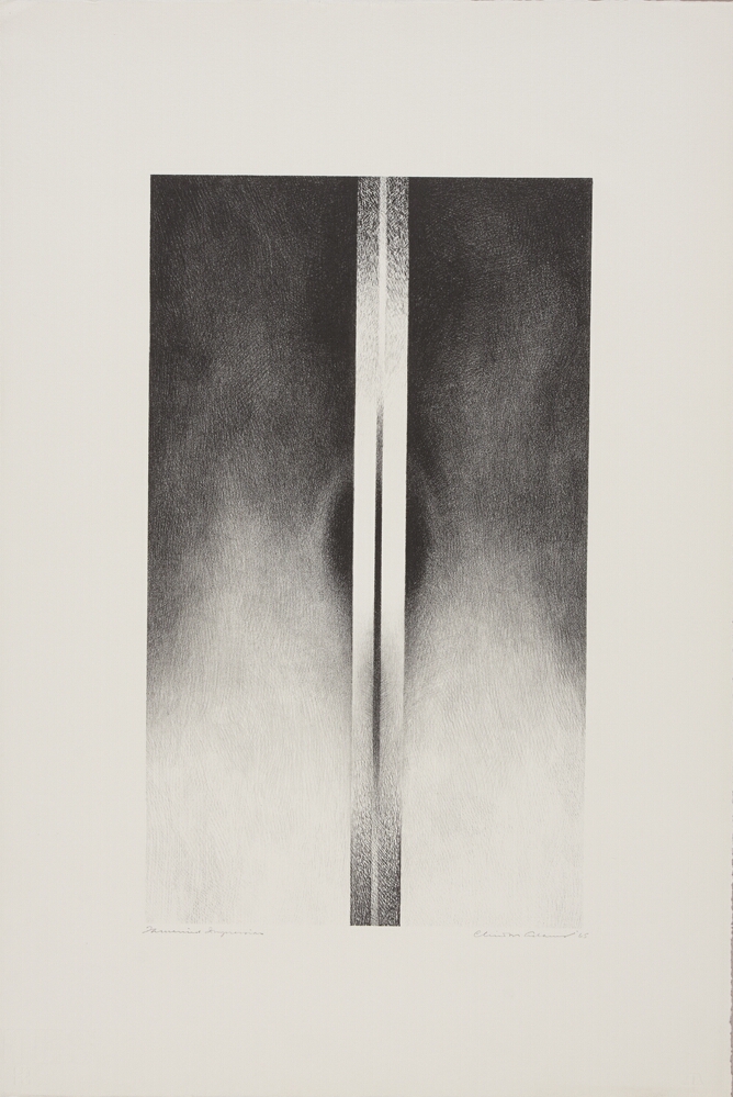 An abstract print of two closely spaced skinny gray vertical bars against a background transitioning from black to white