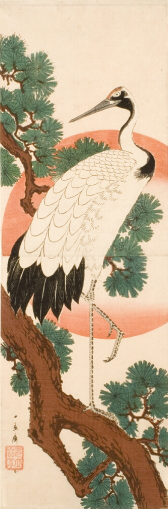 A color print of a crane standing on a pine branch with one leg, set against the backdrop of a large sun