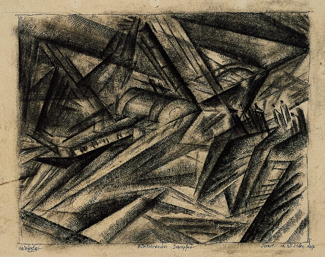 A mixed media, abstract drawing of jagged lines with fragments of a steamship and small figures
