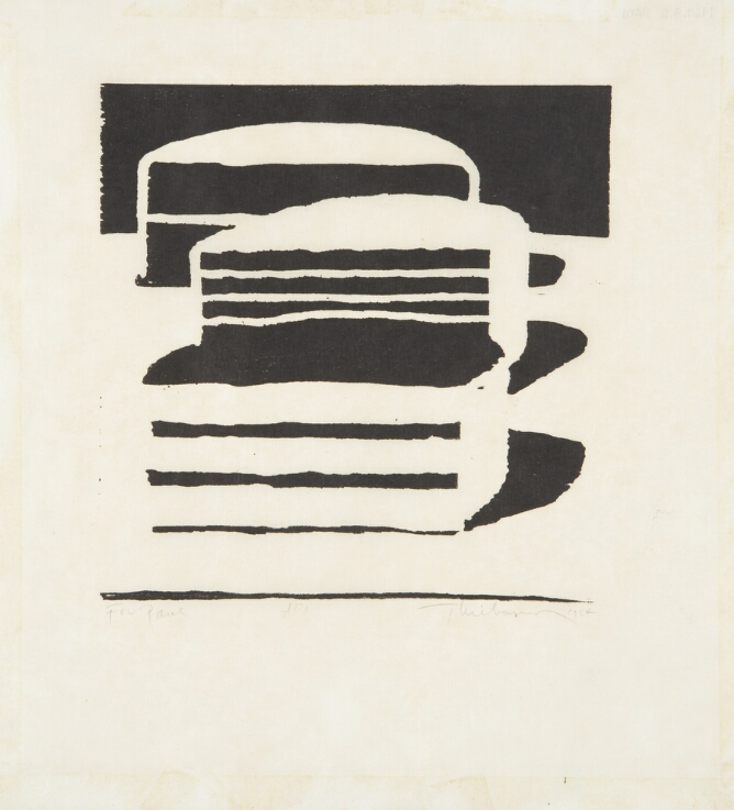 A high contrast black and white print of three layered cakes, each sliced in half, one behind another, showcasing their sliced sides