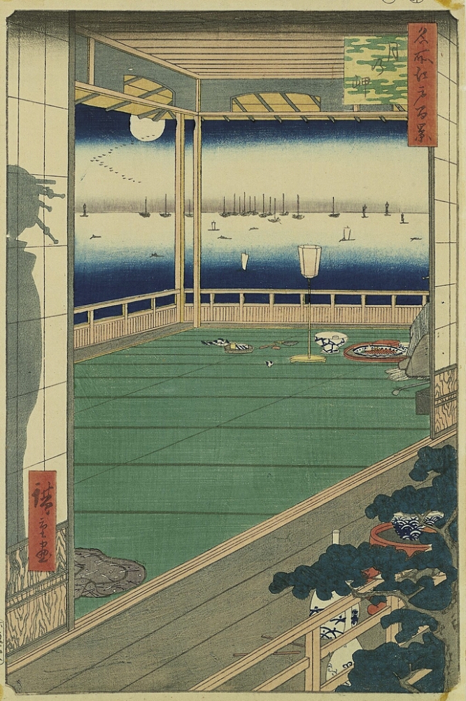 A color print of a mostly bare room with an open view of boats sailing under a full moon. A silhouette of a standing woman is visible behind a sliding door to the viewer's left