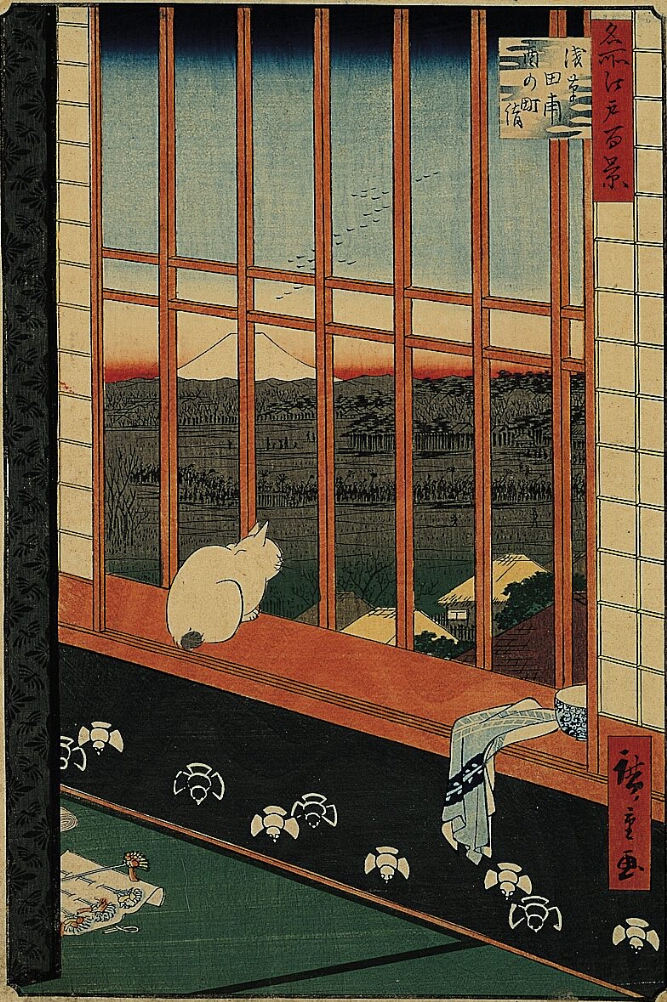 A color print of a white cat sitting on a windowsill of a room overlooking rooftops, rice fields and a white mountain