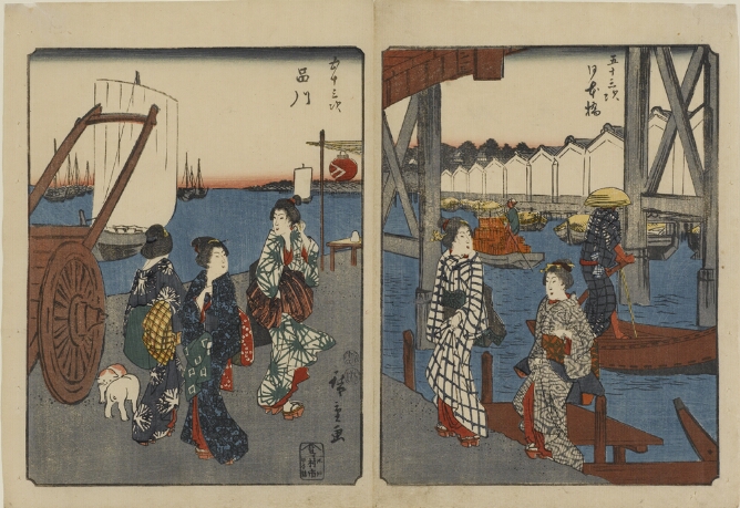 (Color print on the left) Three women in kimonos standing on a street by boats sailing (Color print on the right) Two standing women, one stepping onto a dock after the other, with figures poling boats behind them