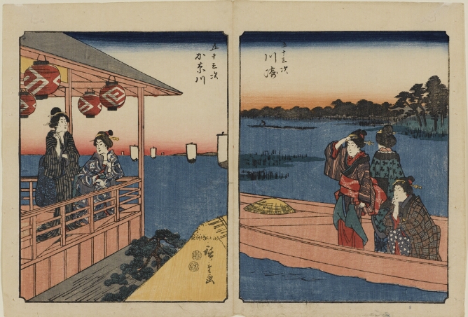 (Color print on the left) Two women, one standing and the other leaning on a railing under lamps hanging from a roof, with sailing boats in the distance (Color print on the right) Two standing women and one sitting woman in a boat, gazing out onto the water with trees in the distance