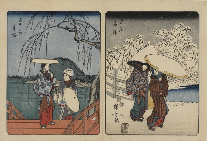 (Color print on the left) Two women in kimonos standing on a bridge (Color print on the right) Two women in kimonos walking through the snow with snow-covered umbrellas