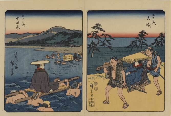 (Color print on the left) A woman seated on a wooden raft being transported by figures in the water, with mountains in the distance (Color print on the right) A woman in a covered seat being transported by two men alongside a field with the sea in the distance