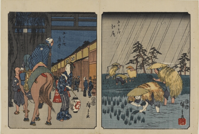 (Color print on the left) A figure on horseback engaging with a standing woman holding a lantern on a stick in a street (Color print on the right) Figures in straw raincoats and hats working in a field in the rain. Two figures in the foreground stand and bend down, with water up to their ankles