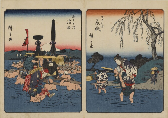 (Color print on the left) A woman being carried on the shoulders of a man crossing a river, while groups of men ferry across other men seated on a raised platform (Color print on the right) A woman being carried on the back of a man crossing a shallow river with other figures crossing beside them. In the distance behind them, figures on a path are approaching the river
