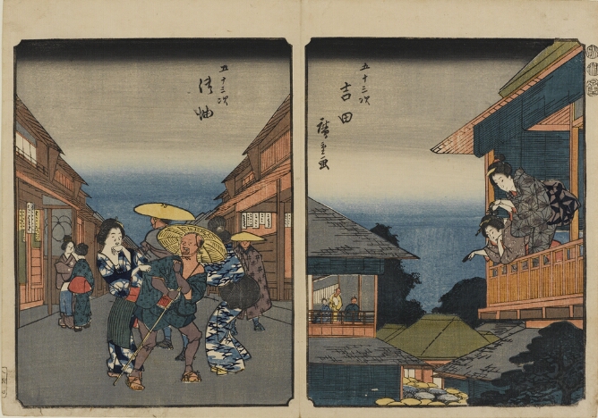 (Color print on the left) A standing woman tugging at the garment of a standing man with a walking stick in a shop-lined street, while another woman approaches a man behind them (Color print on the right) A high vantage point perspective of rooftops and two women leaning over a balcony waving at a procession of figures seen only from the tops of their hats