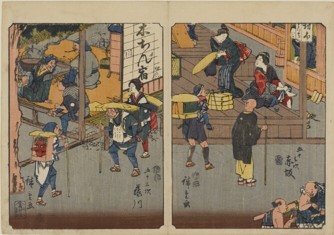 (Color print on the left) Figures walking down a street by a rest stop where elderly figures sit by a cooking pot. One passerby carries a mask on his back (Color print on the right) Passersby look into an open structure where a woman sitting on a platform washes her leg as another carries a hat