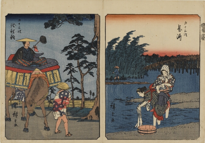 (Color print on the left) A man sitting on a large cushioned seat on a horse, being led by a figure (Color print on the right) A woman bent over by a river wringing out a cloth, while another woman stands beside her holding a tub of cloths. Beside them, a figure poles a log raft and behind them, a bridge spans a river