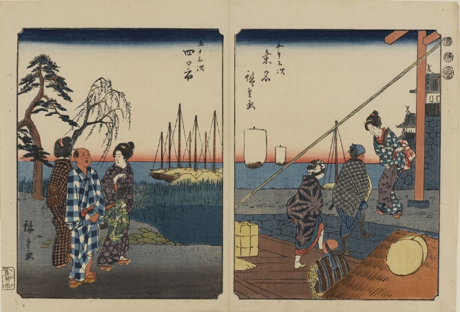 (Color print on the left) A man and two women in patterned kimonos standing on a road near docked boats on the sea (Color print on the right) Two figures walking up steps and being greeted by a standing woman in a kimono with boats sailing to the viewer's right