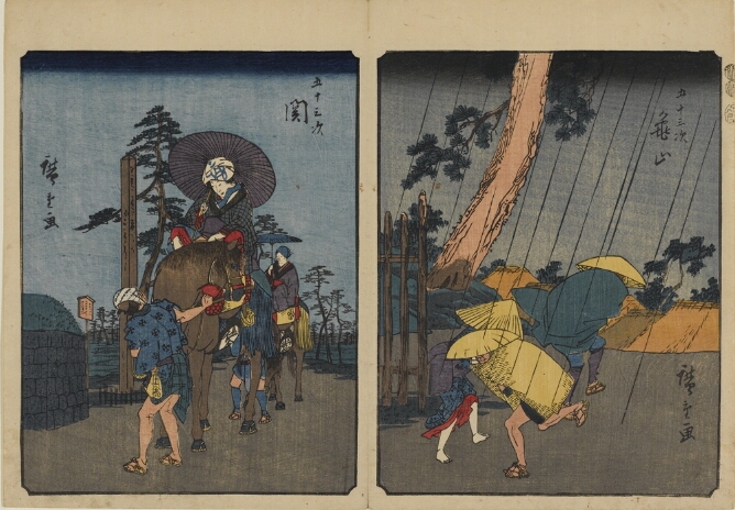 (Color print on the left) Two women on horseback, each holding umbrellas, being led by figures (Color print on the right) Three figures, their faces covered by hats and an umbrella running in different directions on a rainy street