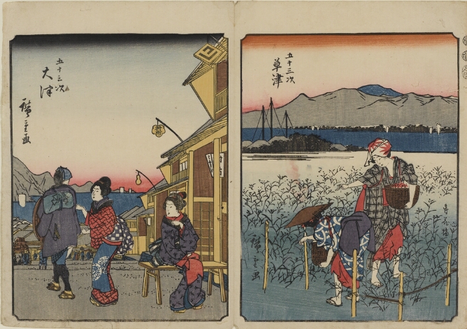 (Color print on the left) A woman in a kimono sitting on a bench by a shop, while another standing woman in a kimono tugs on the garment of a passerby (Color print on the right) Two women working in a field. One woman stands with a basket while the other woman bends down with a basket