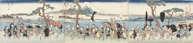 A color print of a procession of children dressed as samurai and attendants, some holding trunks and banners, set against a seascape with a snow-covered mountain in the background