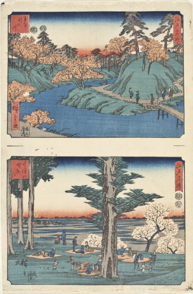 (Color print at the top) A bird's eye view of figures walking along a mountain path topped with blooming pink trees beside a river (Color print at the bottom) Figures picnicking under tall trees above blooming pink trees