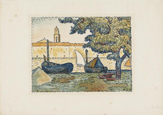 A color print of two beached boats by a tree with swirling leaves, with other boats sailing along water illustrated with repeating dashes, and buildings in the background
