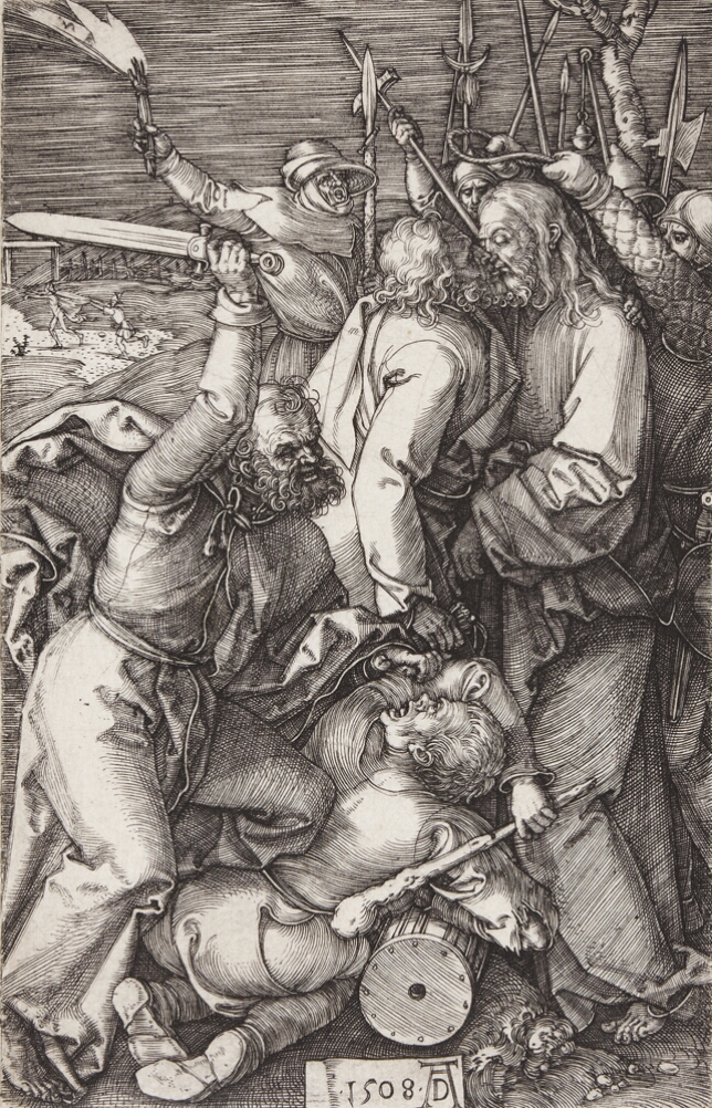 A black and white print of a standing man receiving a kiss from another man amidst a fight, while a noose is about to be placed around the standing man. An additional man is wielding a sword and pinning down a struggling man in the foreground