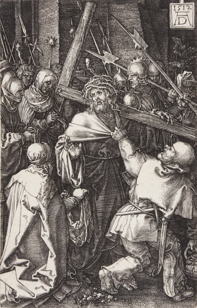 A black and white print of a standing man with a crown of thorns carrying a cross in a crowd, while a kneeling figure holds a cloth before him and another man grabs his garment to pull him forward