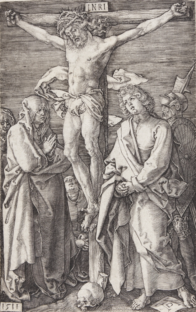 A black and white print of a man nailed to a cross labeled INRI. A woman stands to his right with hands in prayer and a man looking up stands to his left