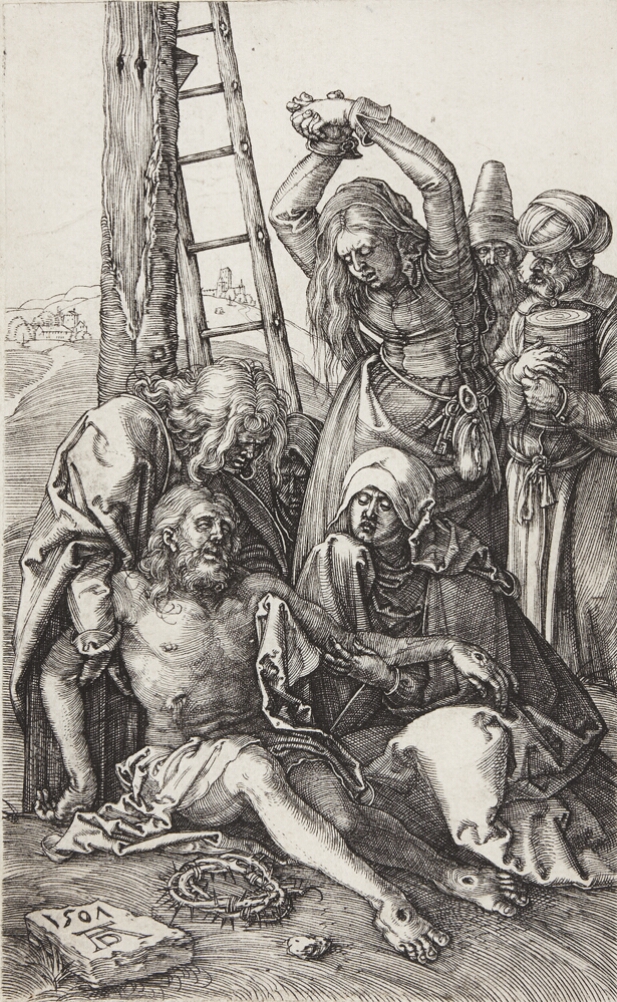 A black and white print of the lifeless body of a man on the ground supported by another man and a woman. A woman behind them stands with her arms raised by a ladder