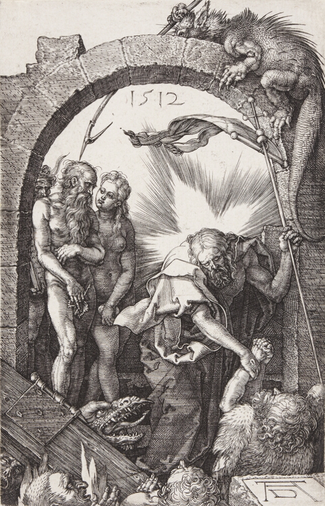 A black and white print of a man pulling another man from flames below, where a monstrous head emerges by a broken door. Behind, a nude man and woman stand under an arch where a reptilian creature on top aims a harpoon at the standing man