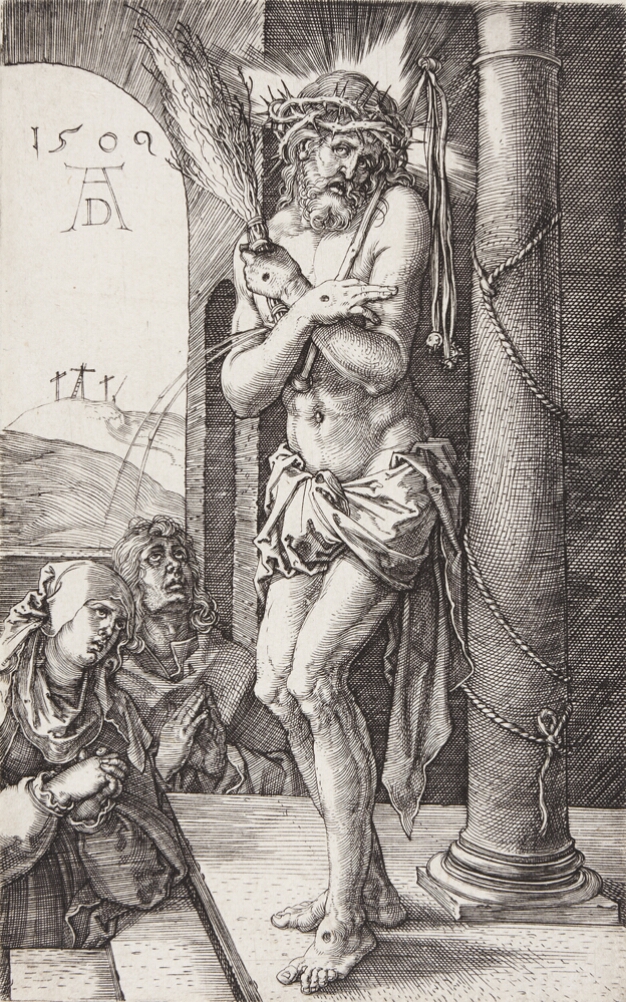 A black and white print of a man with a crown of thorns standing by a column, arms crossed over his chest, holding flogging instruments. A man and woman below to the viewer's left look up at him with hands in prayer