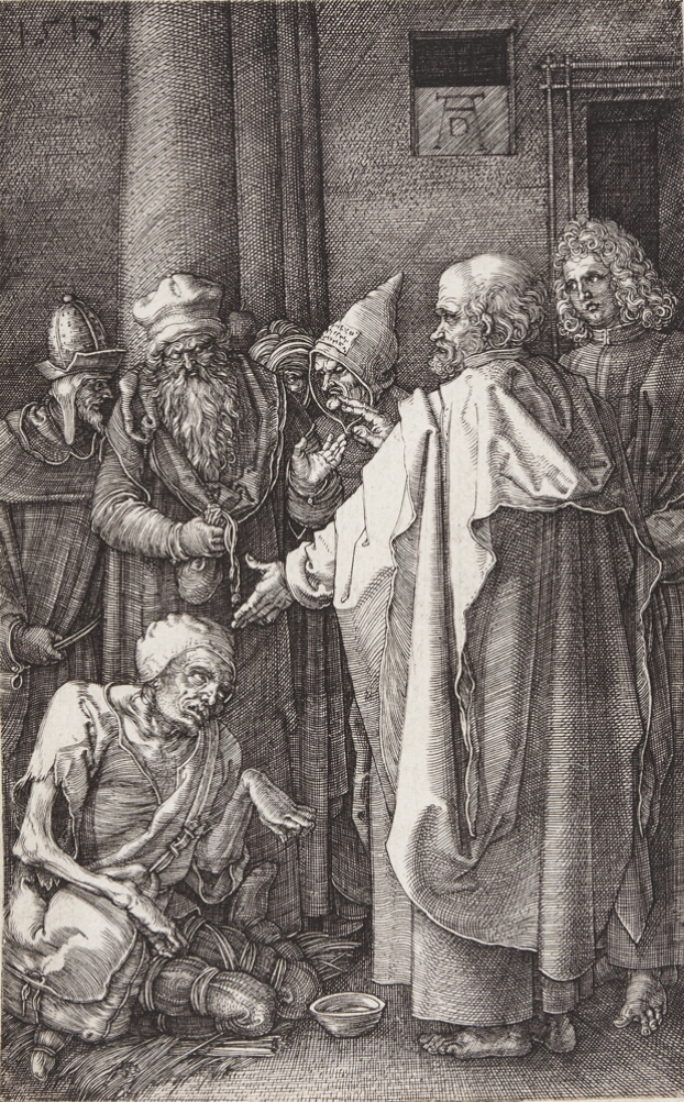 A black and white print of a standing robed man extending his hand out towards an emaciated man sitting on the ground with a bent hand, while other standing man witness
