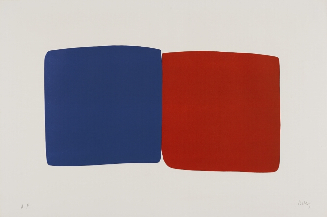 An abstract print of a dark blue and a red square touching side by side
