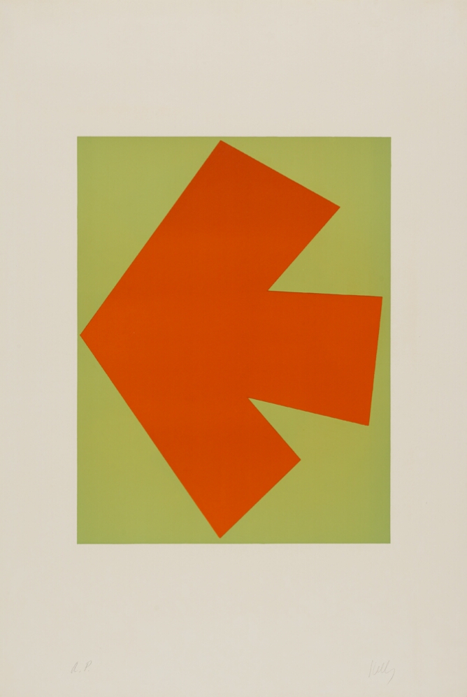 An abstract print of a large orange arrow within a light green vertical rectangle pointing to the viewer's left