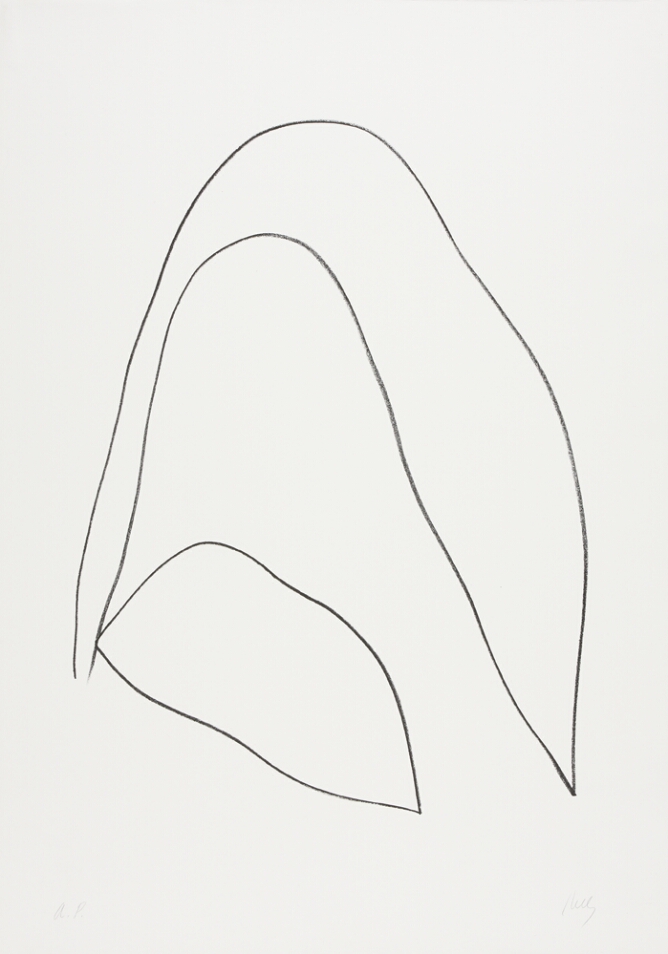 A black and white abstract print of an arching leaf with another connected leaf underneath, using minimal lines