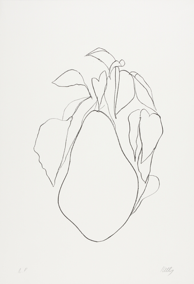 A black and white abstract print of a pear with a cluster of leaves around it, using minimal lines
