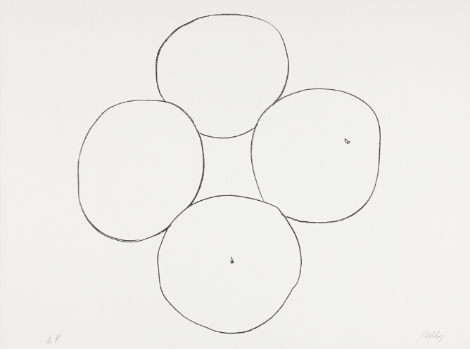 A black and white abstract print of four touching circles arranged in a diamond shape