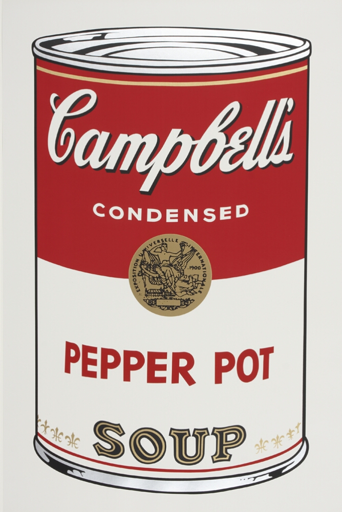 A color print of a large Campbell's pepper pot soup can