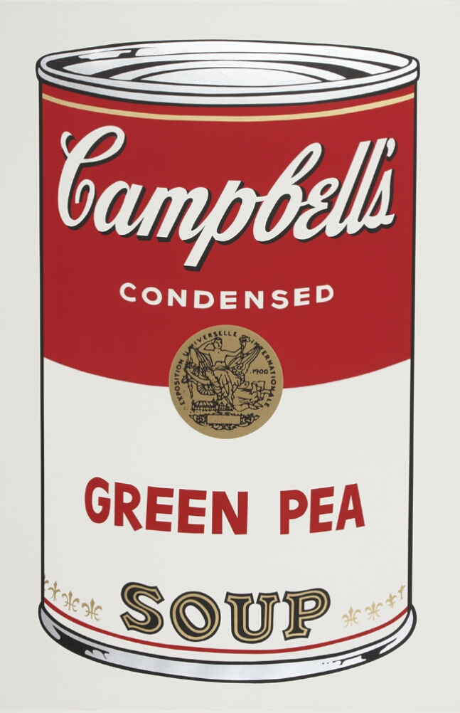 A color print of a large Campbell's green pea soup can