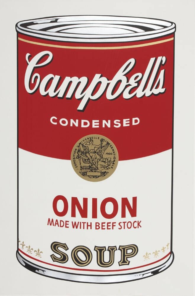 A color print of a large Campbell's onion made with beef stock soup can