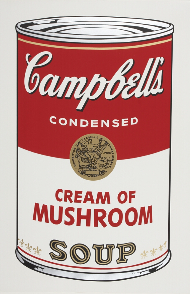 A color print of a large Campbell's cream of mushroom soup can