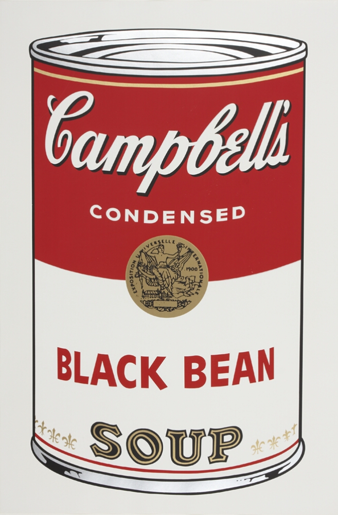 A color print of a large Campbell's black bean soup can