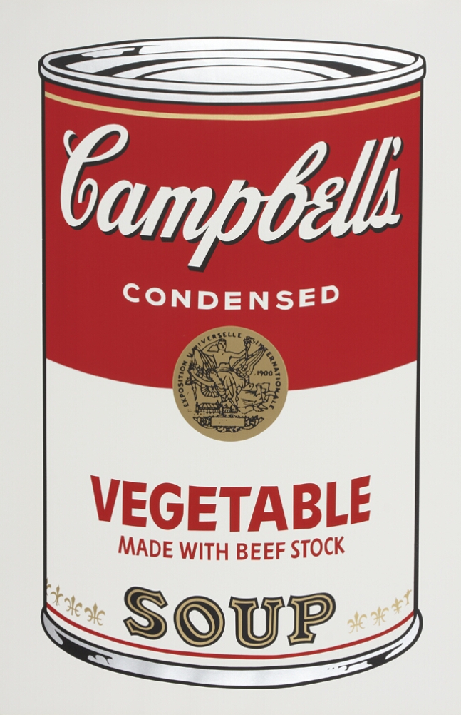 A color print of a large Campbell's vegetable made with beef stock soup can
