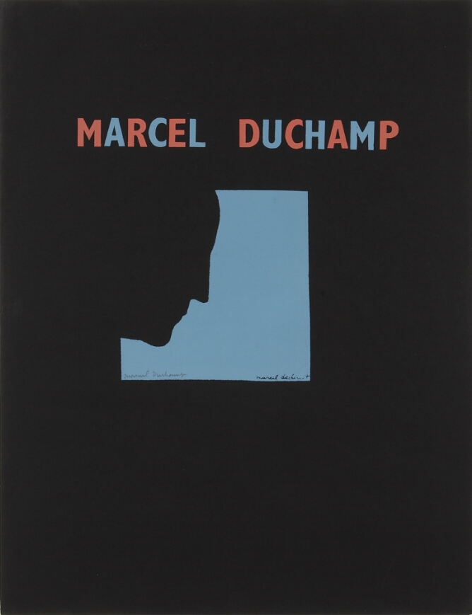 A color print of a silhouette of a man's profile head in the corner of a light blue square against a black background with interchanging red and light blue letters above that read MARCEL DUCHAMP